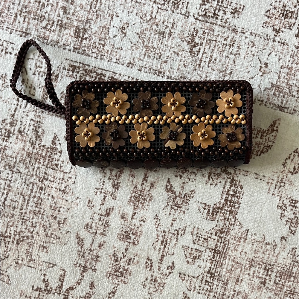 Handcrafted Floral Beaded Clutch - Brown - handmade